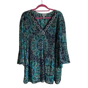 Catherine’s Plus Size Blue Floral Paisley Print Accordion Top - Size 2X